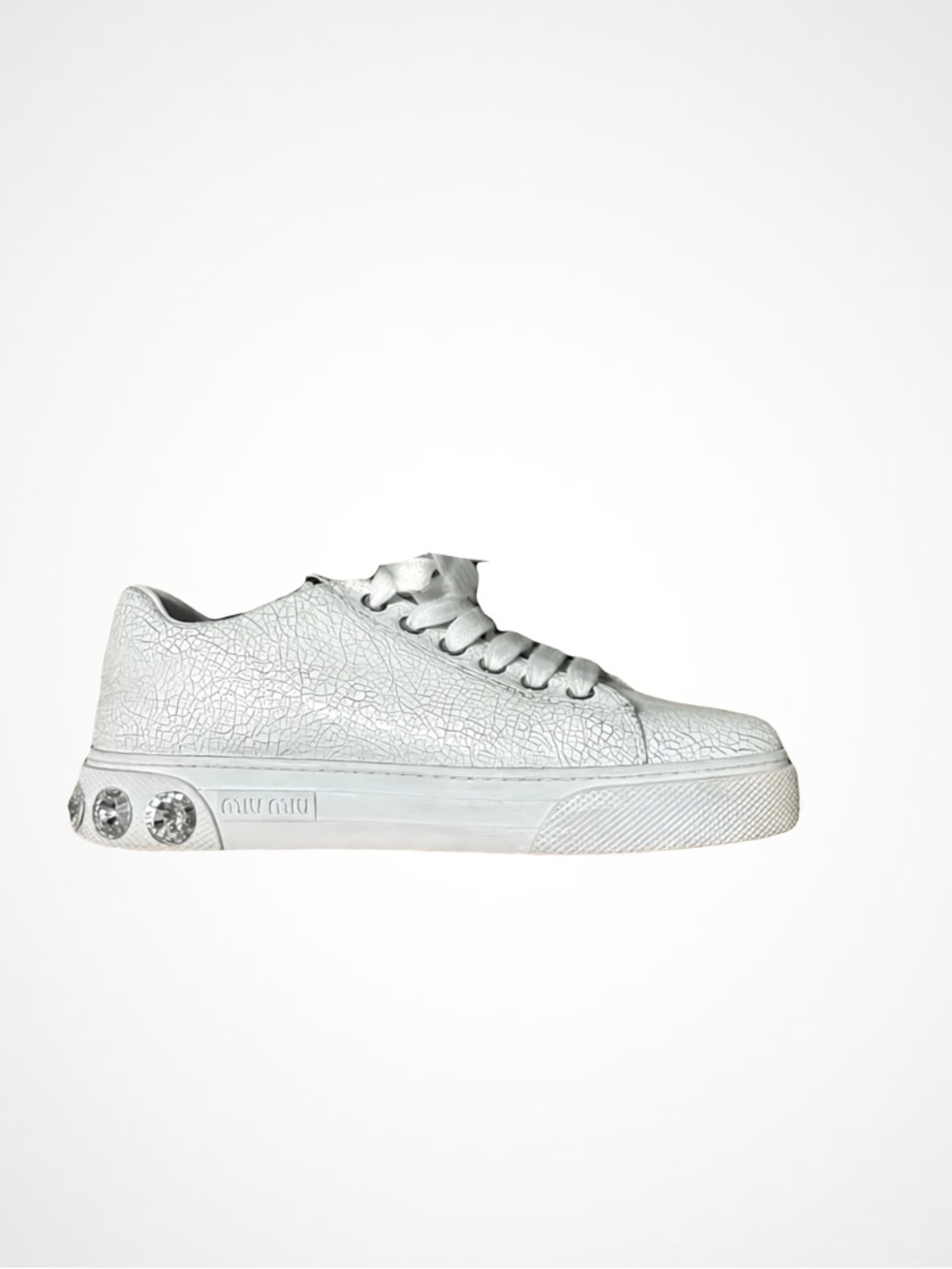 Miu Miu Off-White Cracked Leather Sneaker w/ Rhinestones Sz 37 1/2
